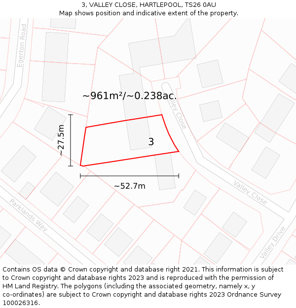 3, VALLEY CLOSE, HARTLEPOOL, TS26 0AU: Plot and title map