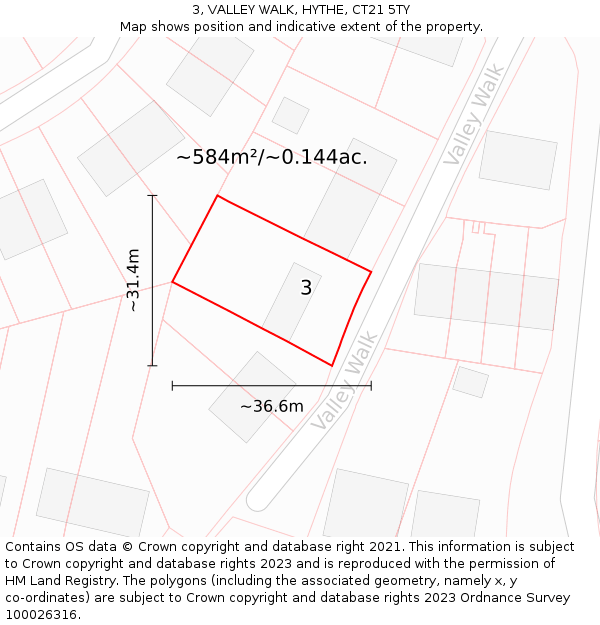 3, VALLEY WALK, HYTHE, CT21 5TY: Plot and title map