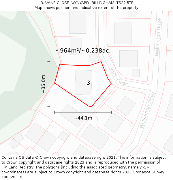 3, VANE CLOSE, WYNYARD, BILLINGHAM, TS22 5TF: Plot and title map