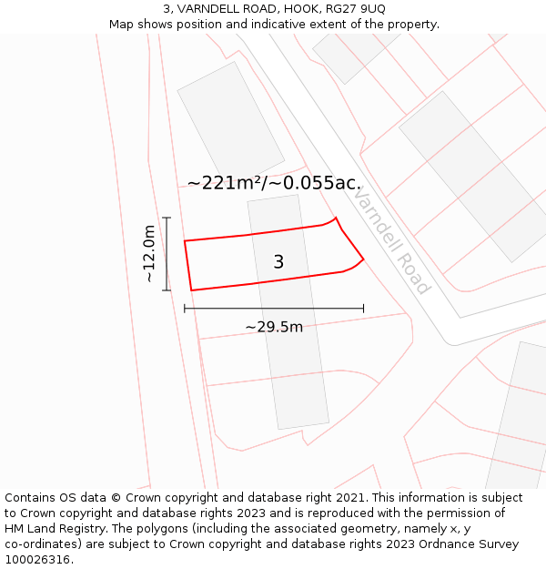 3, VARNDELL ROAD, HOOK, RG27 9UQ: Plot and title map