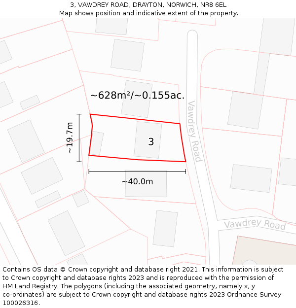 3, VAWDREY ROAD, DRAYTON, NORWICH, NR8 6EL: Plot and title map