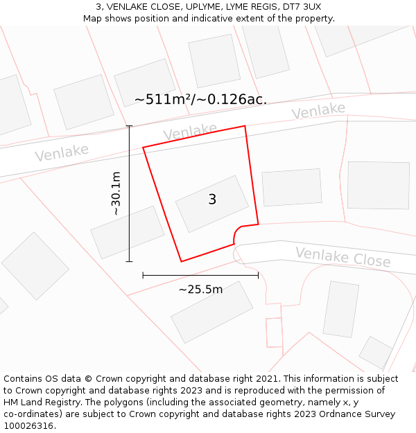 3, VENLAKE CLOSE, UPLYME, LYME REGIS, DT7 3UX: Plot and title map