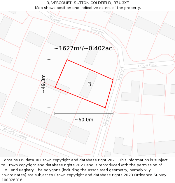 3, VERCOURT, SUTTON COLDFIELD, B74 3XE: Plot and title map