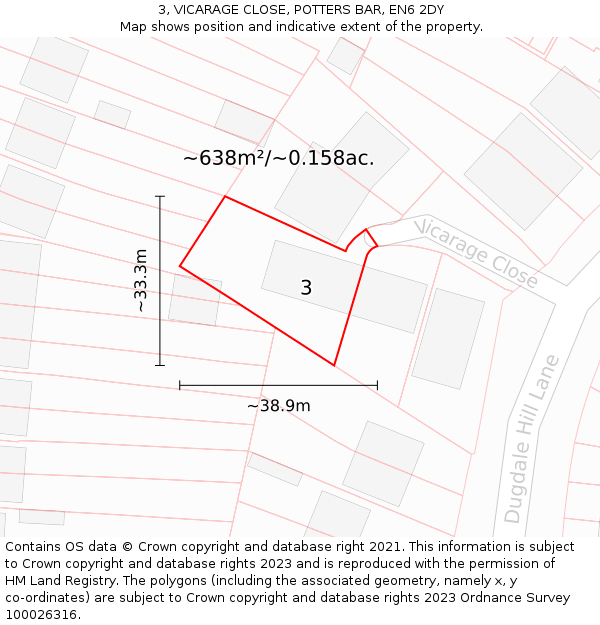 3, VICARAGE CLOSE, POTTERS BAR, EN6 2DY: Plot and title map