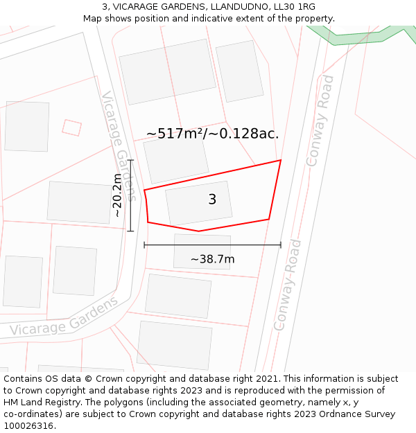 3, VICARAGE GARDENS, LLANDUDNO, LL30 1RG: Plot and title map