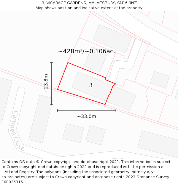 3, VICARAGE GARDENS, MALMESBURY, SN16 9NZ: Plot and title map