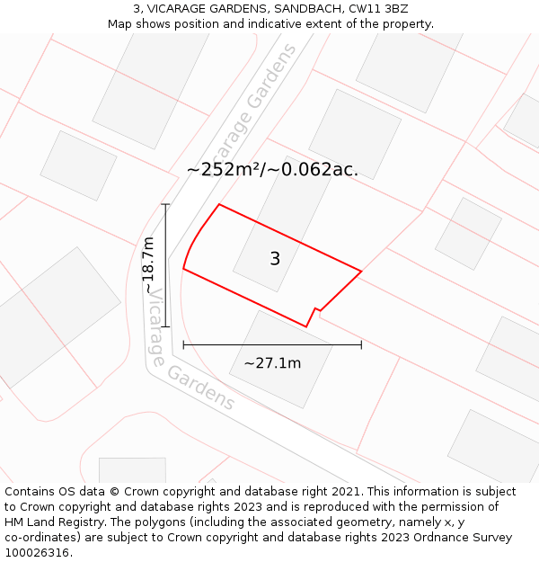 3, VICARAGE GARDENS, SANDBACH, CW11 3BZ: Plot and title map