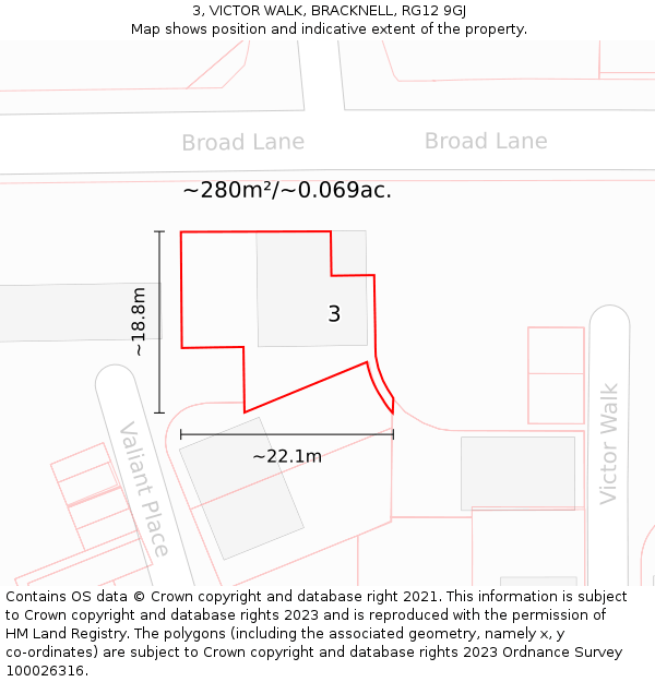 3, VICTOR WALK, BRACKNELL, RG12 9GJ: Plot and title map