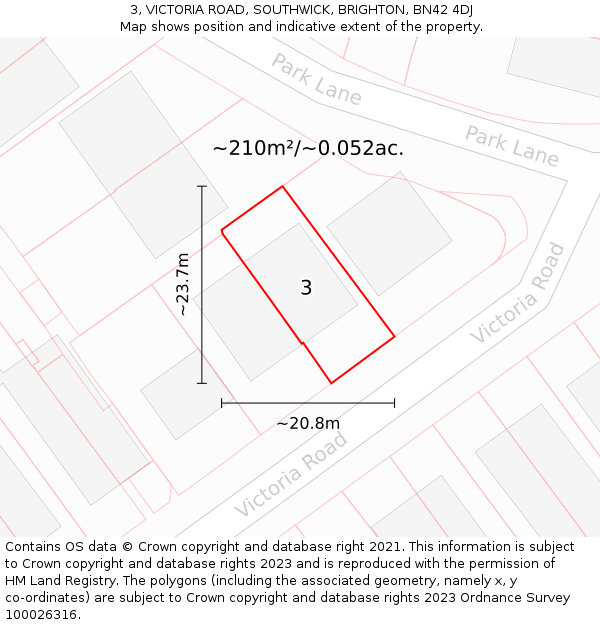 3, VICTORIA ROAD, SOUTHWICK, BRIGHTON, BN42 4DJ: Plot and title map