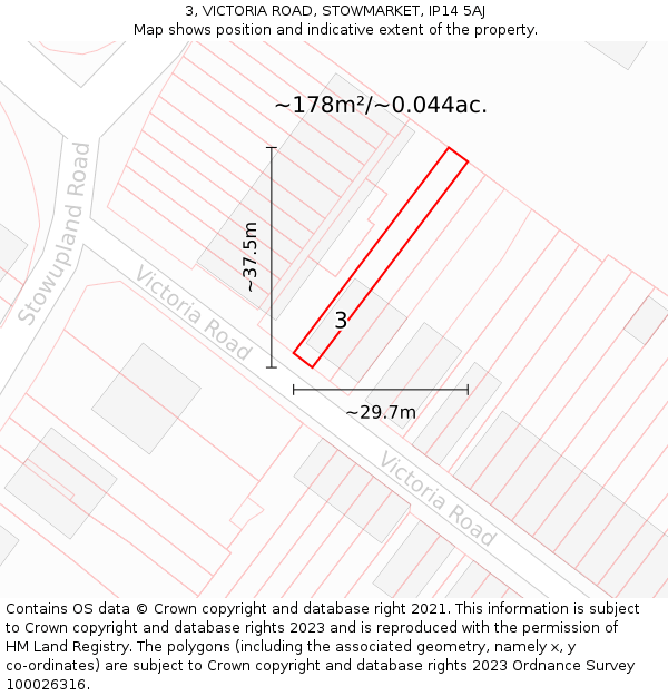 3, VICTORIA ROAD, STOWMARKET, IP14 5AJ: Plot and title map