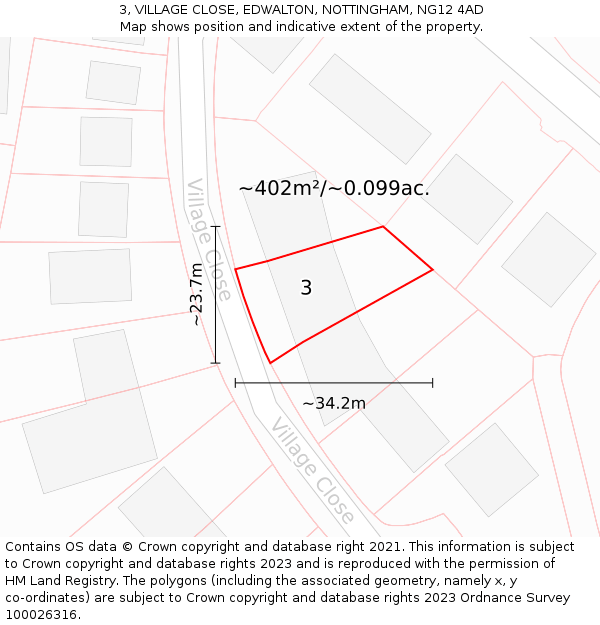 3, VILLAGE CLOSE, EDWALTON, NOTTINGHAM, NG12 4AD: Plot and title map