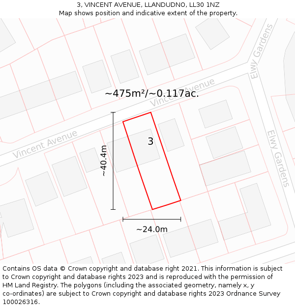 3, VINCENT AVENUE, LLANDUDNO, LL30 1NZ: Plot and title map