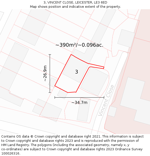 3, VINCENT CLOSE, LEICESTER, LE3 6ED: Plot and title map