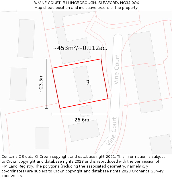 3, VINE COURT, BILLINGBOROUGH, SLEAFORD, NG34 0QX: Plot and title map