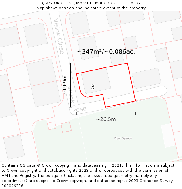 3, VISLOK CLOSE, MARKET HARBOROUGH, LE16 9GE: Plot and title map