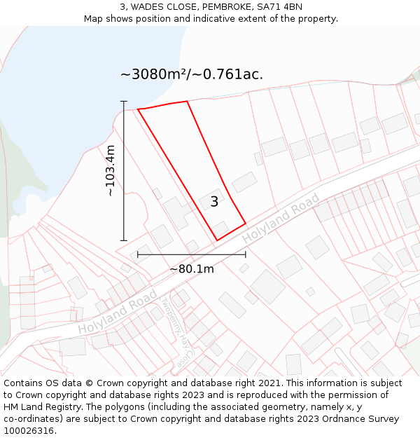 3, WADES CLOSE, PEMBROKE, SA71 4BN: Plot and title map
