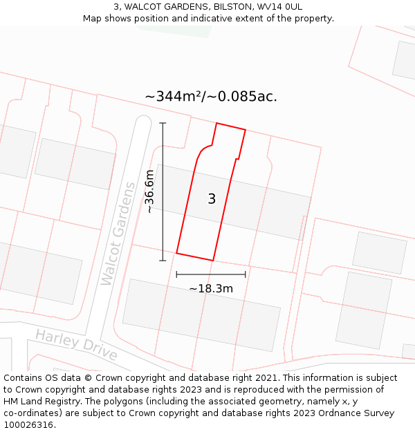 3, WALCOT GARDENS, BILSTON, WV14 0UL: Plot and title map