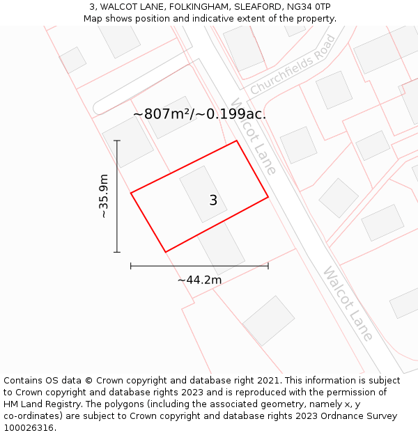 3, WALCOT LANE, FOLKINGHAM, SLEAFORD, NG34 0TP: Plot and title map