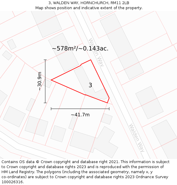 3, WALDEN WAY, HORNCHURCH, RM11 2LB: Plot and title map