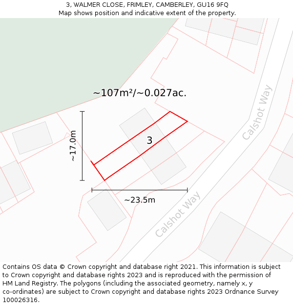 3, WALMER CLOSE, FRIMLEY, CAMBERLEY, GU16 9FQ: Plot and title map