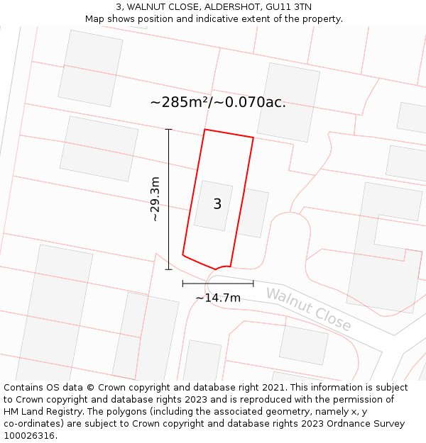 3, WALNUT CLOSE, ALDERSHOT, GU11 3TN: Plot and title map