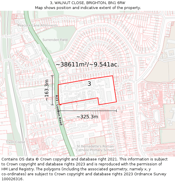3, WALNUT CLOSE, BRIGHTON, BN1 6RW: Plot and title map
