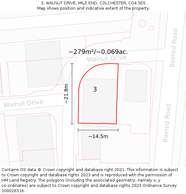 3, WALNUT DRIVE, MILE END, COLCHESTER, CO4 5ES: Plot and title map