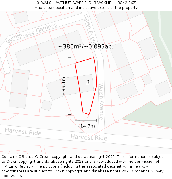 3, WALSH AVENUE, WARFIELD, BRACKNELL, RG42 3XZ: Plot and title map