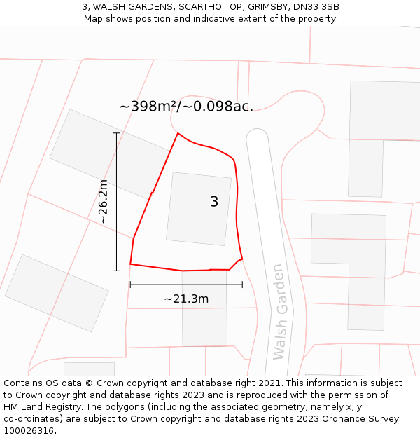 3, WALSH GARDENS, SCARTHO TOP, GRIMSBY, DN33 3SB: Plot and title map