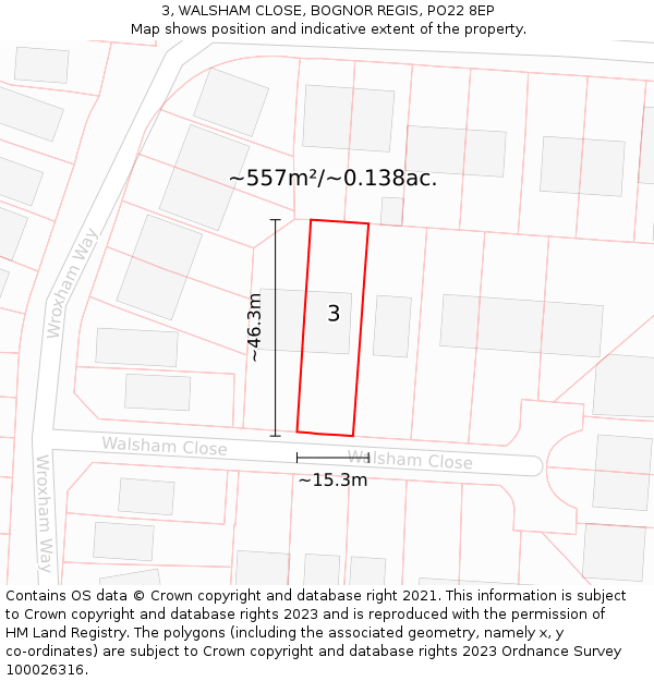 3, WALSHAM CLOSE, BOGNOR REGIS, PO22 8EP: Plot and title map