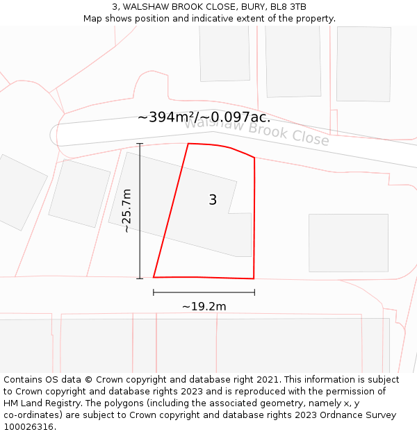 3, WALSHAW BROOK CLOSE, BURY, BL8 3TB: Plot and title map