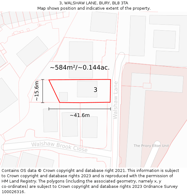 3, WALSHAW LANE, BURY, BL8 3TA: Plot and title map