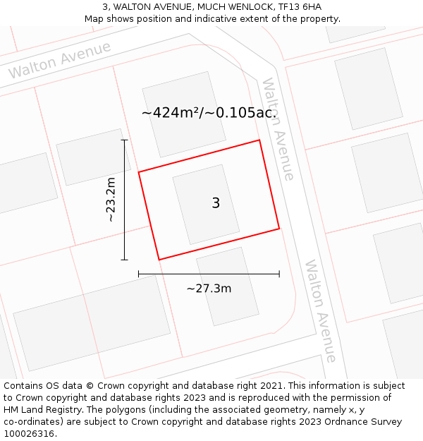 3, WALTON AVENUE, MUCH WENLOCK, TF13 6HA: Plot and title map