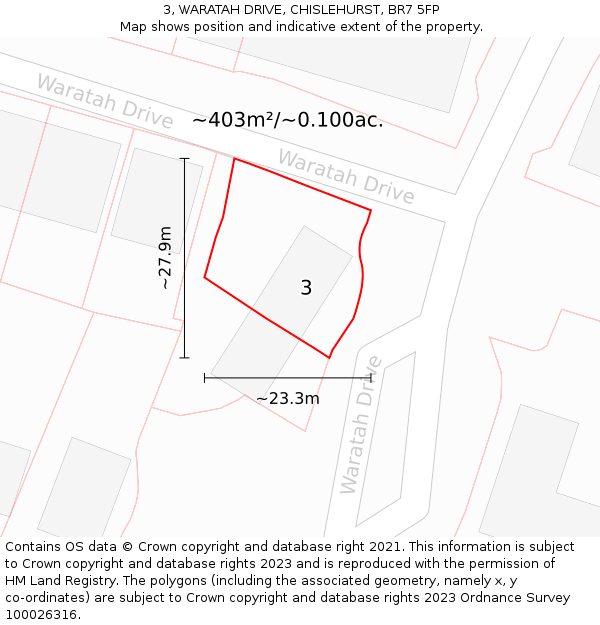 3, WARATAH DRIVE, CHISLEHURST, BR7 5FP: Plot and title map