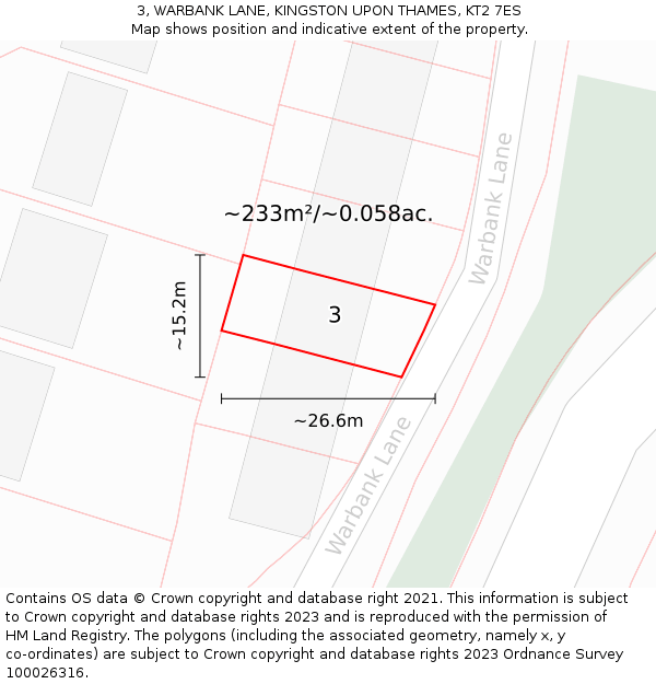 3, WARBANK LANE, KINGSTON UPON THAMES, KT2 7ES: Plot and title map