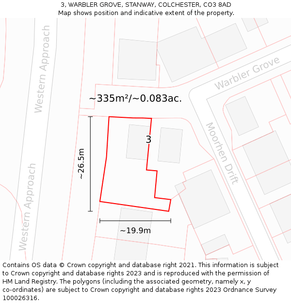 3, WARBLER GROVE, STANWAY, COLCHESTER, CO3 8AD: Plot and title map