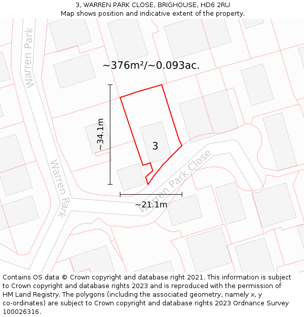 3, WARREN PARK CLOSE, BRIGHOUSE, HD6 2RU: Plot and title map