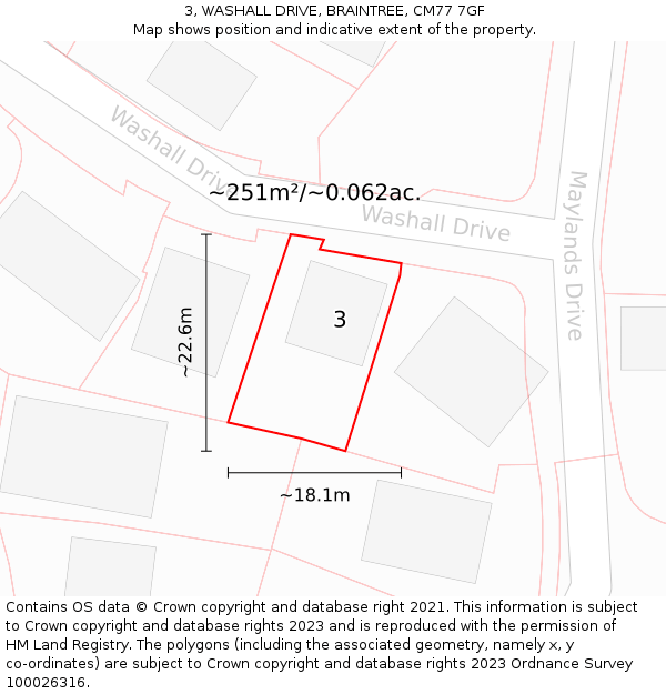 3, WASHALL DRIVE, BRAINTREE, CM77 7GF: Plot and title map