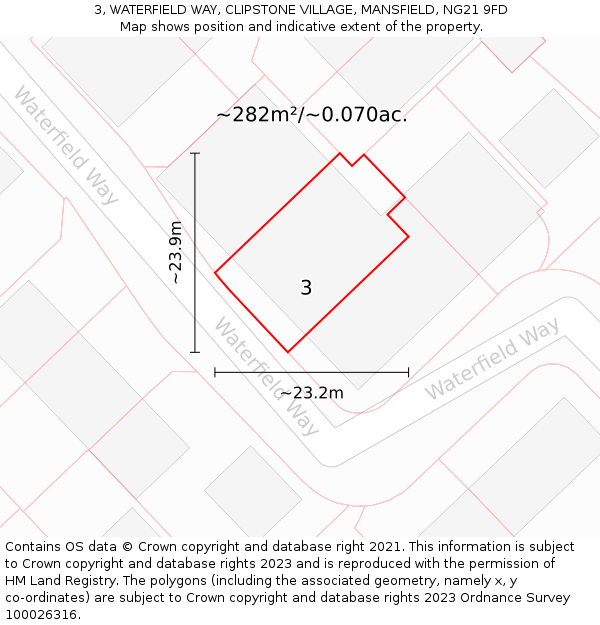 3, WATERFIELD WAY, CLIPSTONE VILLAGE, MANSFIELD, NG21 9FD: Plot and title map