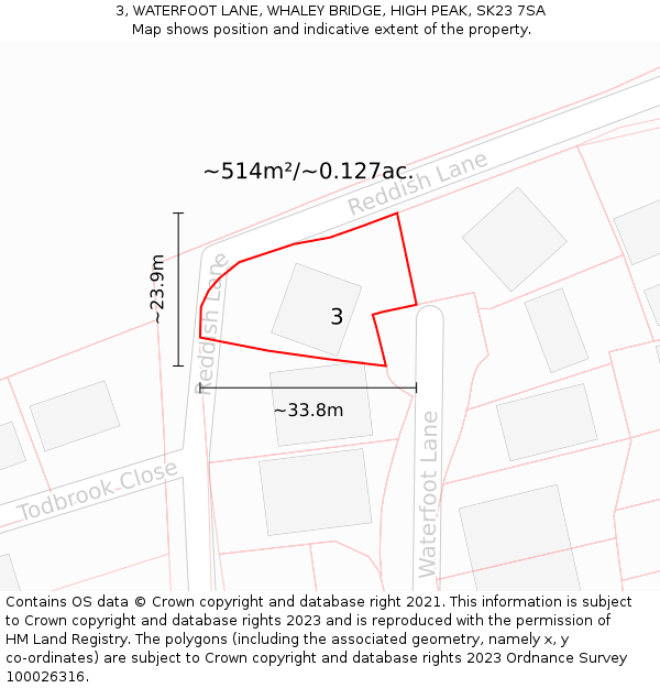 3, WATERFOOT LANE, WHALEY BRIDGE, HIGH PEAK, SK23 7SA: Plot and title map