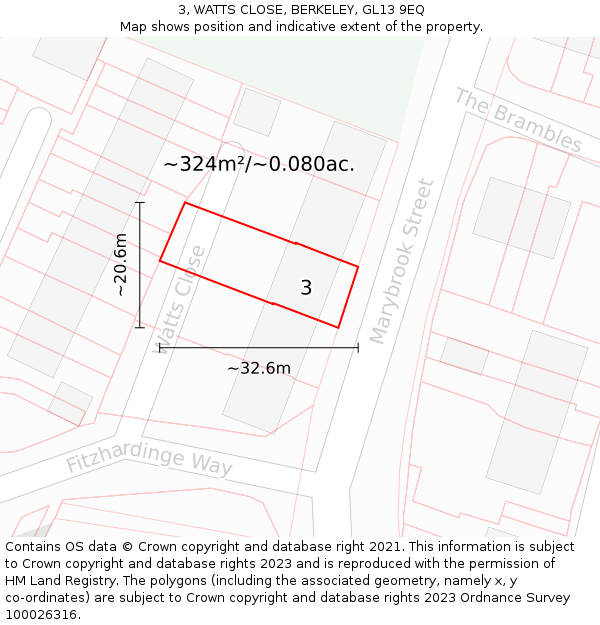 3, WATTS CLOSE, BERKELEY, GL13 9EQ: Plot and title map