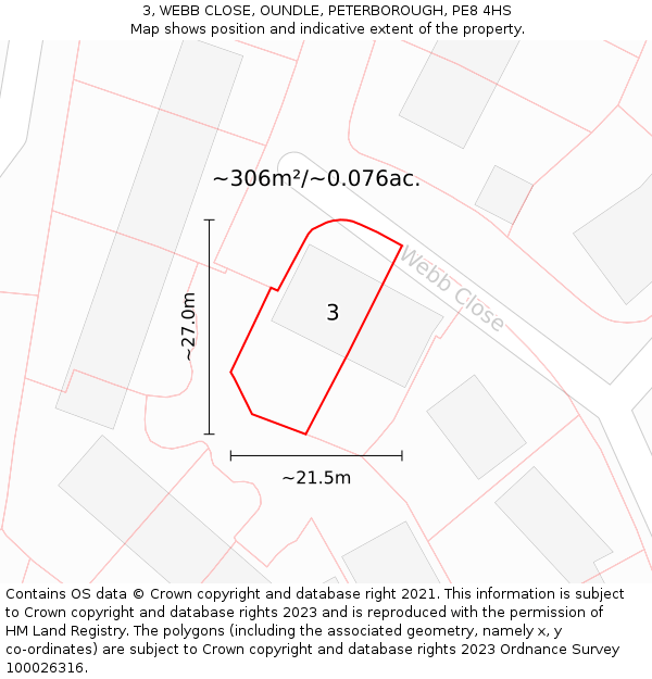 3, WEBB CLOSE, OUNDLE, PETERBOROUGH, PE8 4HS: Plot and title map