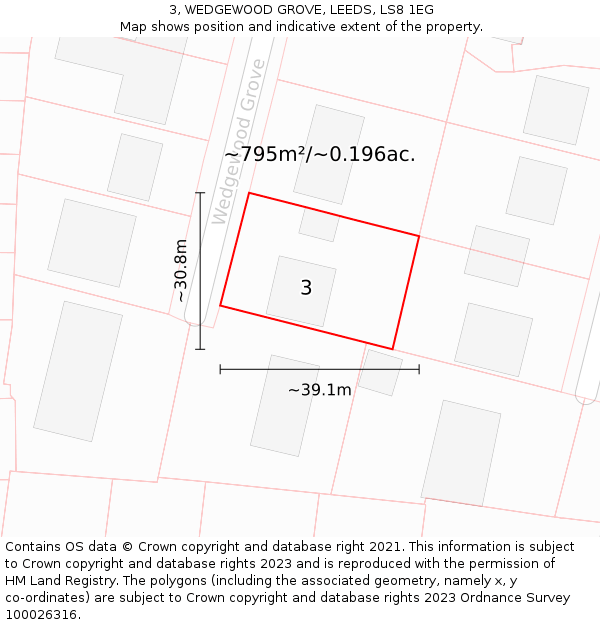 3, WEDGEWOOD GROVE, LEEDS, LS8 1EG: Plot and title map