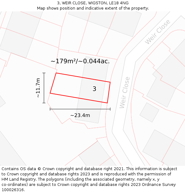 3, WEIR CLOSE, WIGSTON, LE18 4NG: Plot and title map