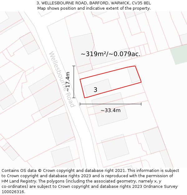 3, WELLESBOURNE ROAD, BARFORD, WARWICK, CV35 8EL: Plot and title map