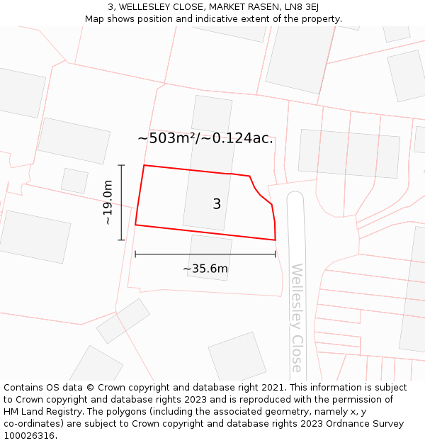 3, WELLESLEY CLOSE, MARKET RASEN, LN8 3EJ: Plot and title map