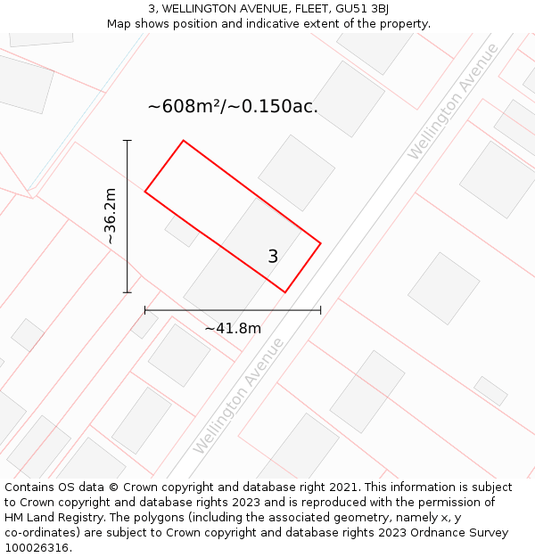 3, WELLINGTON AVENUE, FLEET, GU51 3BJ: Plot and title map