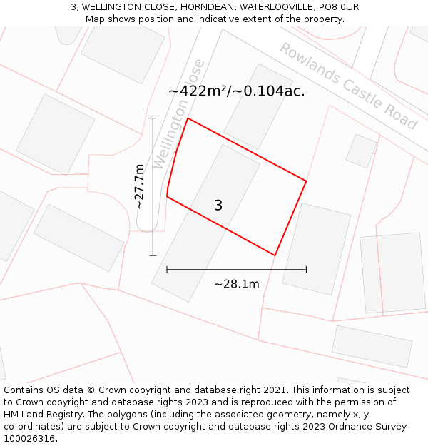 3, WELLINGTON CLOSE, HORNDEAN, WATERLOOVILLE, PO8 0UR: Plot and title map