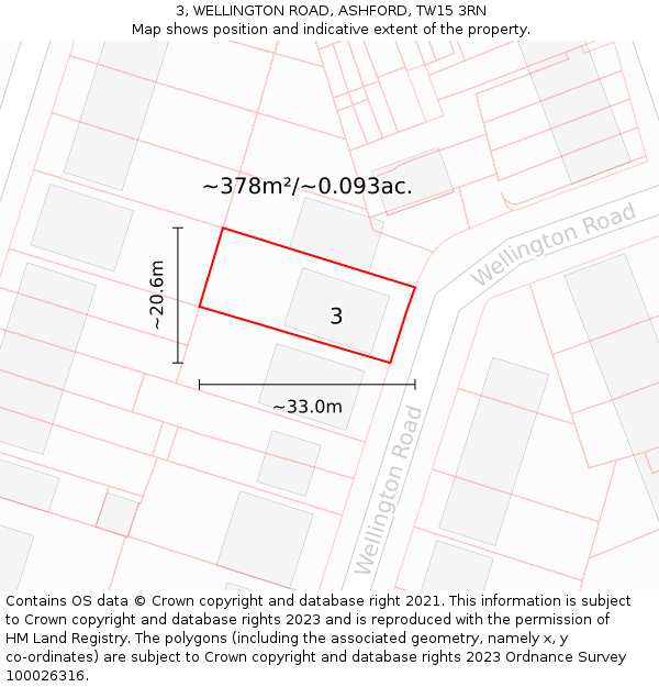 3, WELLINGTON ROAD, ASHFORD, TW15 3RN: Plot and title map