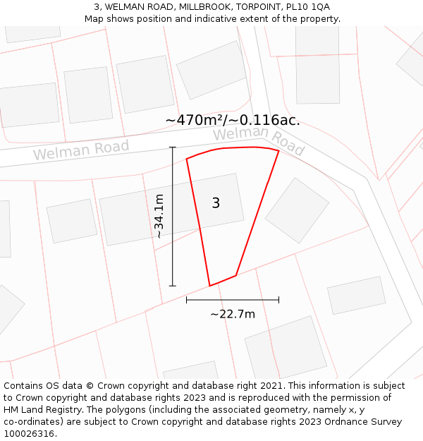 3, WELMAN ROAD, MILLBROOK, TORPOINT, PL10 1QA: Plot and title map